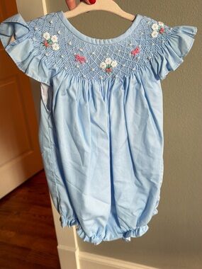 Light Blue Smocked Floral Baby Shortall